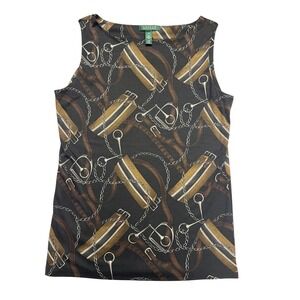 Lauren Ralph Lauren Tank Top 1X Equestrian Print Silk Wool Blend Bridle Browns